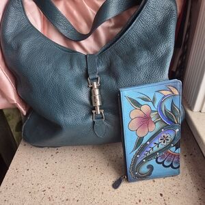 Elegant Teal Leather Hobo Bag With Anuschka Wallet. Bag Is Made In Italy.